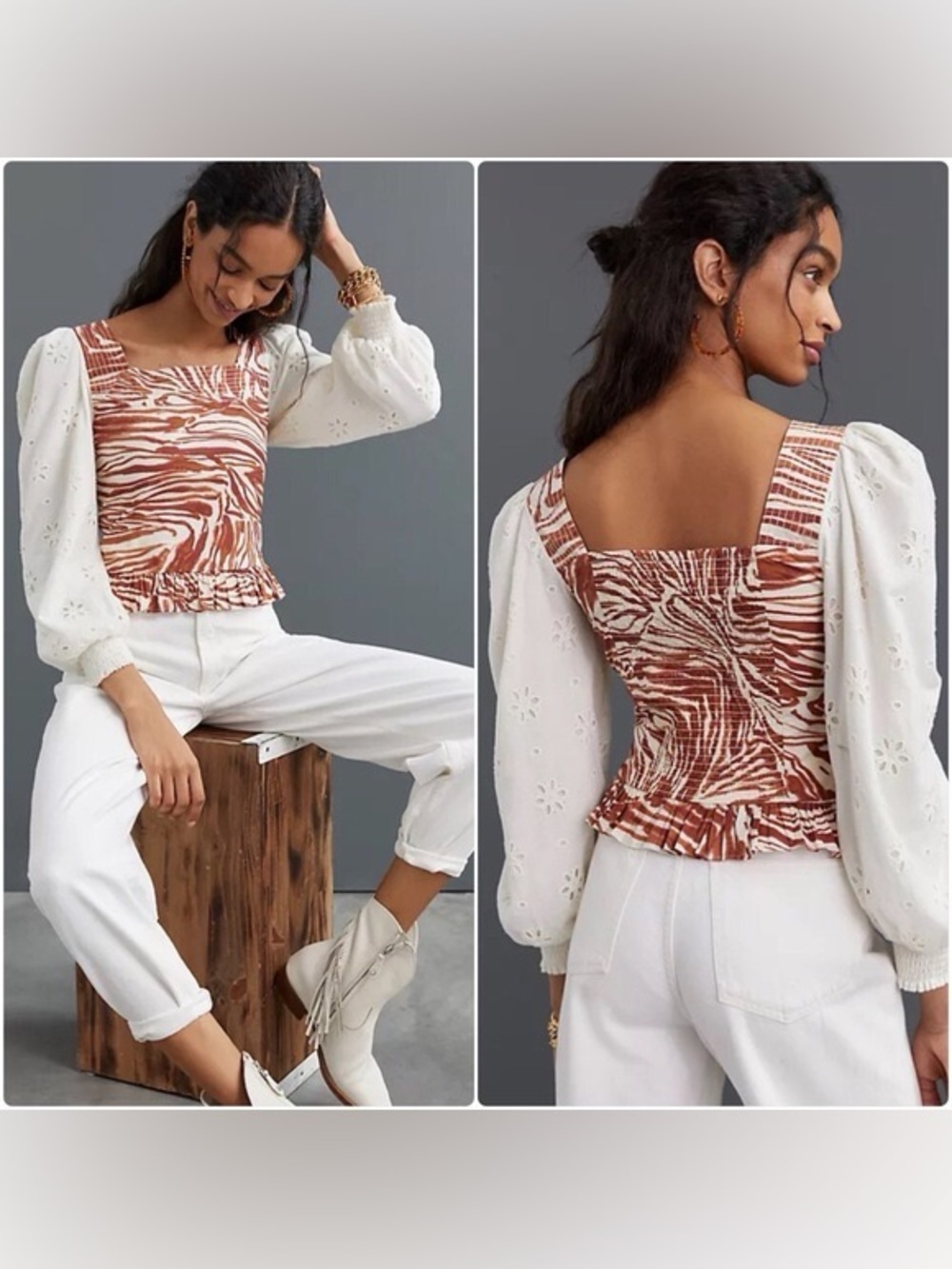 Anthropologie Love The Label Smocked Puff Sleeve Eyelet Blouse Mixed Media XS
